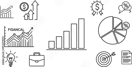 A collection of black and white business and financial icons illustrating growth and data analysis