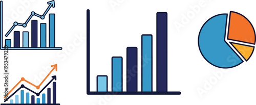 A collection of colorful business data visualization icons including bar charts and pie graphs