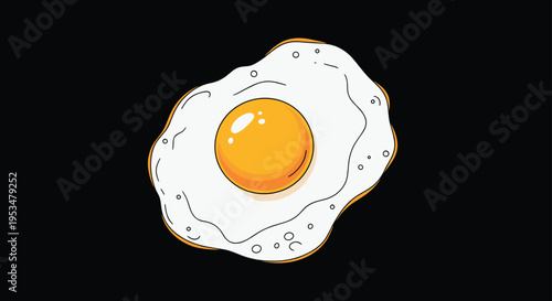 Top view of a perfectly cooked sunny side up fried egg with a bright yellow yolk and white edges isolated on a solid black background.
