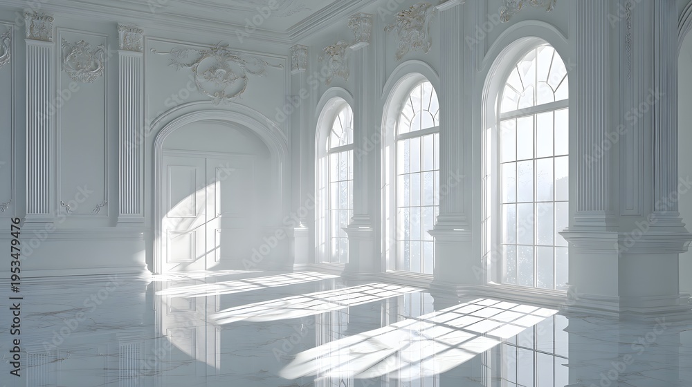 Fototapeta premium Elegant White Ballroom with Sunlight Streaming Through Arched Windows.