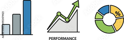 A collection of colorful business icons representing data visualization and growth performance metrics