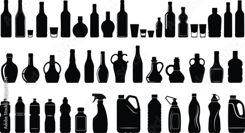 Bottle silhouettes collection illustration, glass containers shapes set, beverage packaging icons, cosmetic and liquid bottles, black vector isolated design