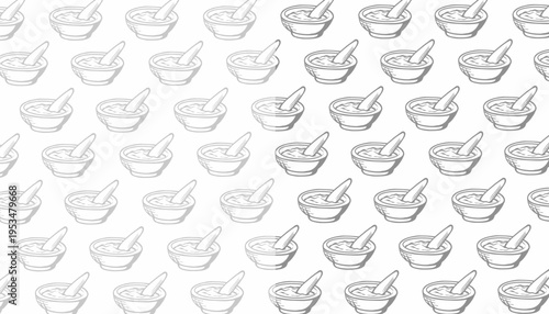 Mortar Pestle Seamless Pattern. Hand Drawn Kitchen Tool Illustration. Repeating Culinary Grinding Bowl Design. Minimal Outline Cooking Utensil Style. Decorative Food Preparation Background.