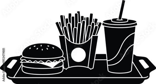 Black and white of fast food on tray burger fries soda