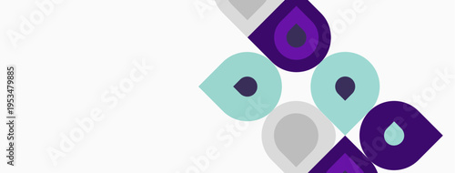 Purple droplets form letter D. Minimalist design, clean aesthetic, simple shapes, modern style. White background provides contrast.