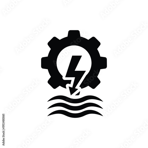 An industrial gear generates electricity and emits a lightning bolt into wavy water.