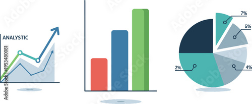 A collection of colorful business data visualization charts including line bar and pie diagrams