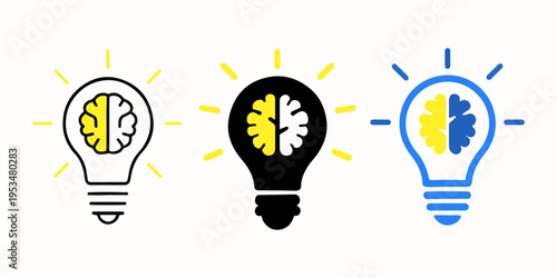Creative Brain Light Bulb Idea Concept Set – Innovation, Thinking, Intelligence and Inspiration Illustration
