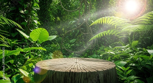 Jungle Wooden Platform Tropical Green Rainforest Podium Sunlight Beam Natural Wood Tree Trunk Product Display Presentation Backdrop