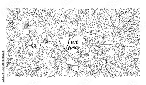 A delicate floral illustration with a heart and the phrase Love Grows