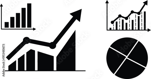 A collection of black and white business icons representing various data visualization chart types