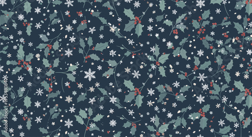 Dense Christmas background pattern featuring holly branches, red berries, and white snowflakes on a dark navy blue background.