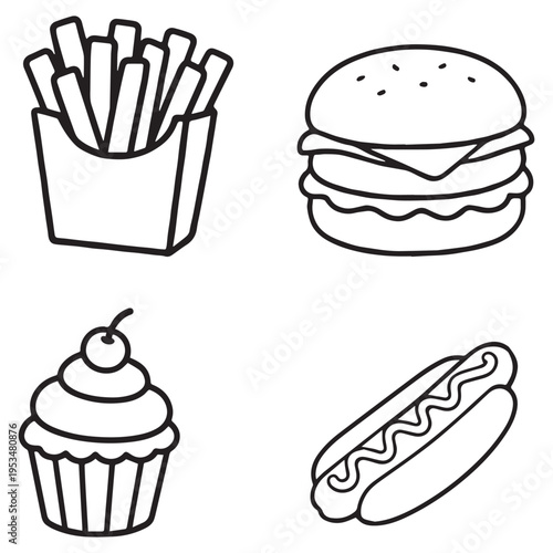 Set of fast food line icons including french fries, burger, cupcake, and hot dog in simple outline style, isolated on white background. Ideal for menus, apps, logos, and food-related designs.