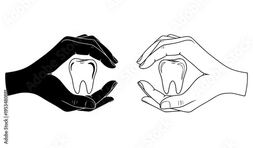Dental hands and tooth icon black silhouette white outline vector