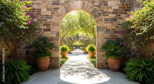 Enchanting Stone Archway in Garden: Serene Walkway, Lush Plants, Flowers, Tranquil Landscape, and Horticultural Beauty