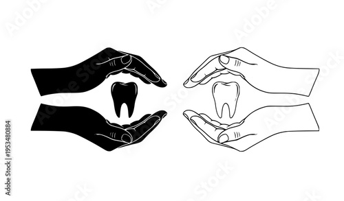 Hands holding tooth silhouette and outline dental care vector
