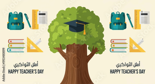 Happy teacher's day illustration with tree graduation cap backpacks books and school supplies on beige background