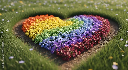 Floral Heart Rainbow Colors Blossoms Summer Green Grass Field Peaceful Nature Beauty Flowerbed Landscape Outdoor Natural Light