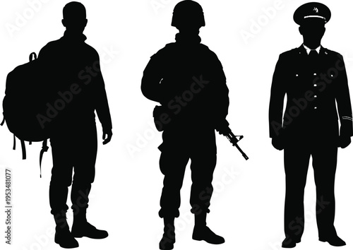 A silhouette collection featuring a traveler with a backpack, a soldier, and a formal officer