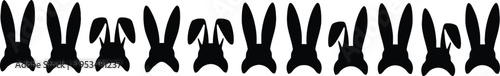 A horizontal row of twelve black silhouette bunny heads with various ear shapes on white background