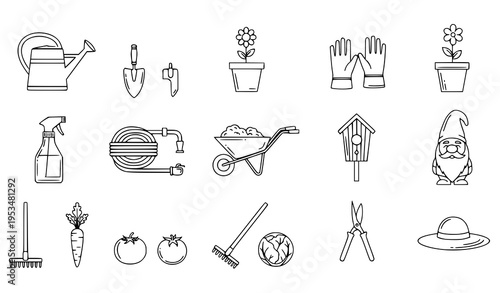 A set of gardening tools and icons in a minimalist line art style