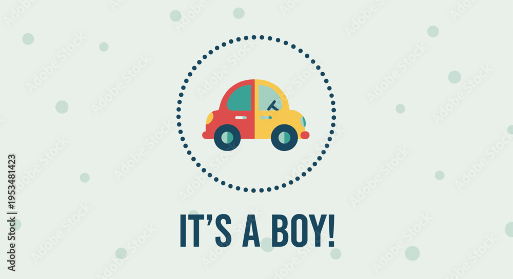 Naklejka premium Charming baby shower announcement card featuring a cute cartoon car and its a boy text on a soft green background.