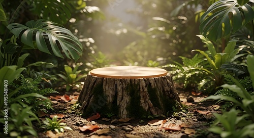 Wooden Stump Display Stand in Lush Tropical Forest: Nature Themed Product Showcase Platform with Natural Lighting