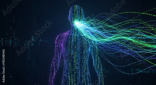 Abstract Digital Human Figure with Data Streams: Conceptual Representation of Technology Connectivity and Intelligence