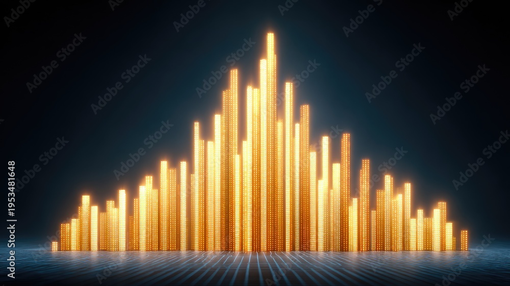Obraz premium Golden Bar Chart Representing Data Visualization with Bright Light Effects on a Dark Background