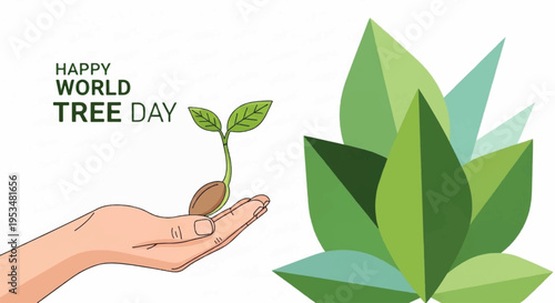 Hand holding small green plant with leaves on world tree day symbolizing growth and environmental conservation