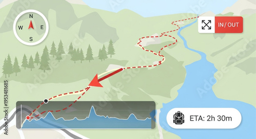 Navigational Map Displaying Route with Compass and ETA Information.