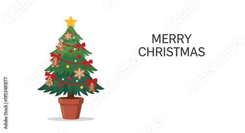 Classically decorated Christmas tree in a brown pot with gingerbread cookies and red bows on a white background with greeting text.