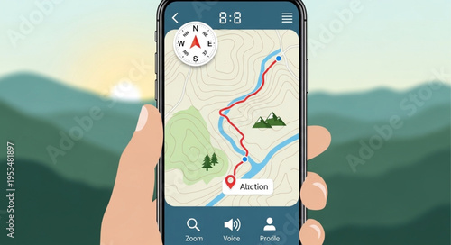 Hand holding smartphone with navigation app in mountainous landscape.