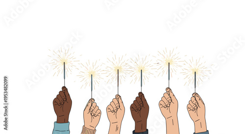Diverse hands of various ethnicities holding burning sparklers against a plain white background for a festive celebration.