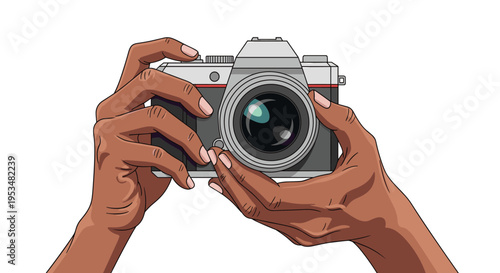 Close up of hands with dark skin holding a vintage style silver and black camera as if preparing to take a photo.