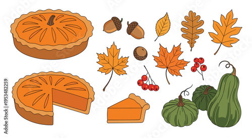 Collection of autumn themed illustrations including pumpkin pies slices acorns oak leaves maple leaves berries and pumpkins.