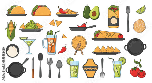 Large set of mexican cuisine illustrations including tacos burritos nachos guacamole chili peppers and traditional pottery.