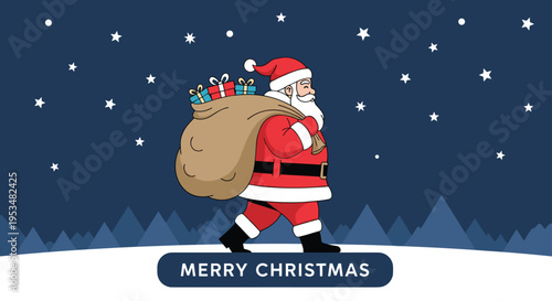 Santa claus walking through a snowy landscape at night carrying a large heavy sack filled with colorful christmas gifts.