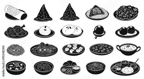 Indian Food Silhouette Set, Traditional Curry Street Snacks and Sweets Black Vector Collection Isolated