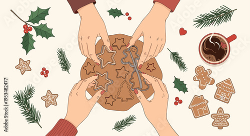 Top view of hands using various shaped cutters to make gingerbread cookies from dough on a festive christmas table.
