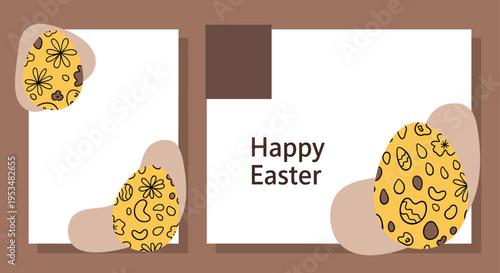 Pair of stylish happy easter greeting cards featuring yellow eggs decorated with floral patterns and abstract organic shapes on brown background.