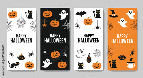 Set of four vertical halloween banners featuring spooky illustrations of pumpkins ghosts spiders bats and black cats with happy halloween text.