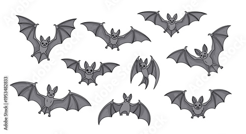 Collection of various grey bats in different flying poses isolated on a white background perfect for halloween and spooky themed designs.