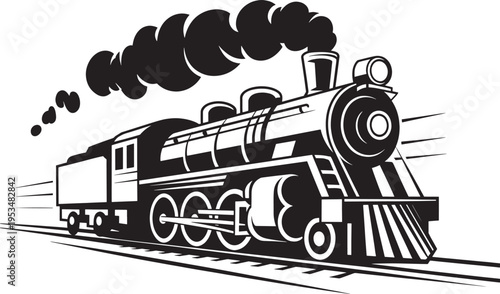 Classic steam locomotive speeding on railway tracks emitting dark smoke into clear sky