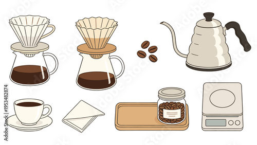 Diverse set of coffee brewing equipment, a delightful collection featuring elements for homemade beverages