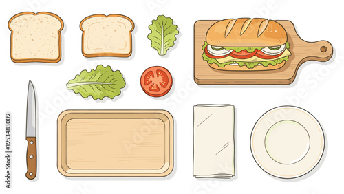 Collection of various sandwich ingredients and a finished sub, neatly arranged for culinary presentation in a flat lay style