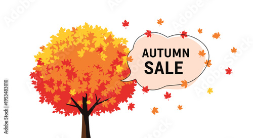 Vibrant autumn tree with orange and red leaves featuring a speech bubble with autumn sale text and blowing foliage against a white backdrop.
