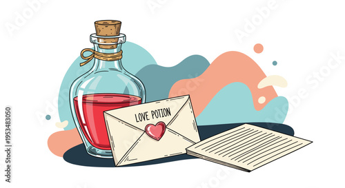 Romantic illustration featuring a glass bottle of red love potion with a cork stopper next to a love letter and envelope with a heart seal.