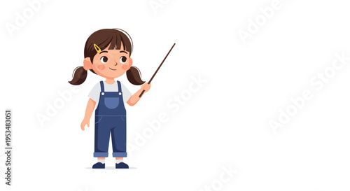 Friendly cartoon girl wearing blue denim overalls and pigtails holding a wooden pointer stick isolated on a white background for education.