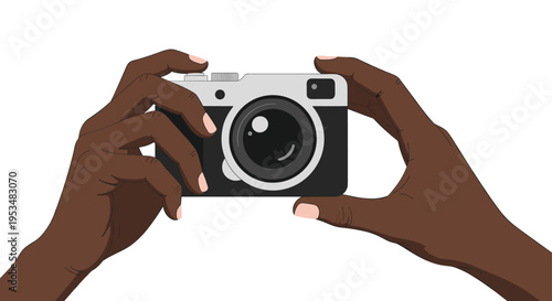 First person perspective of dark skinned hands holding a modern digital camera to take a photo against a plain white background for travel.